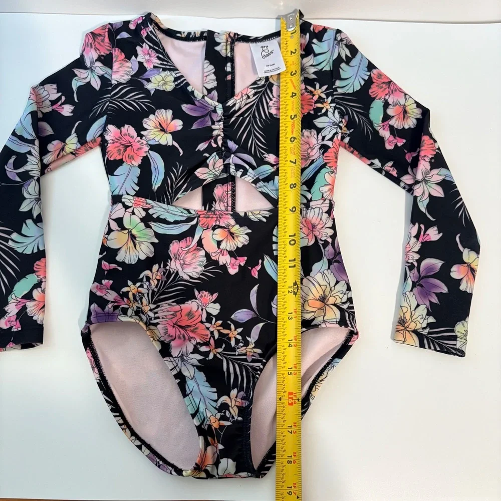 Art Class Swimsuit One Piece Floral Cutout Girls Size XS 4/5 Black Long Sleeved